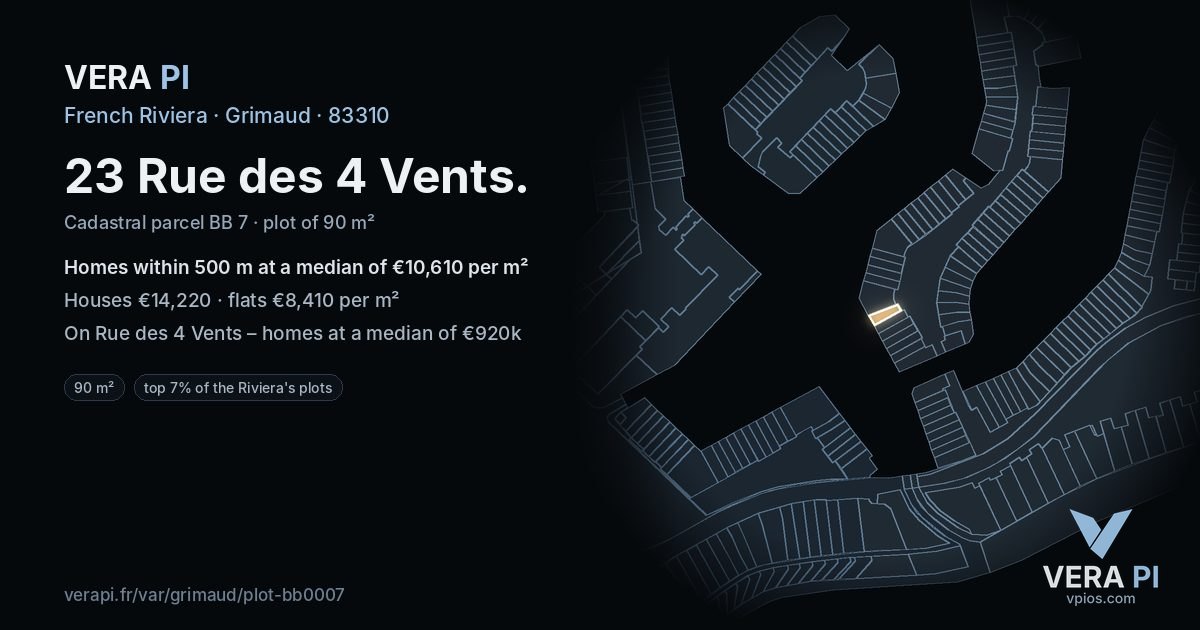 23 Rue des 4 Vents, Grimaud at night – the plot lit, the parcels around coloured by the prices near them