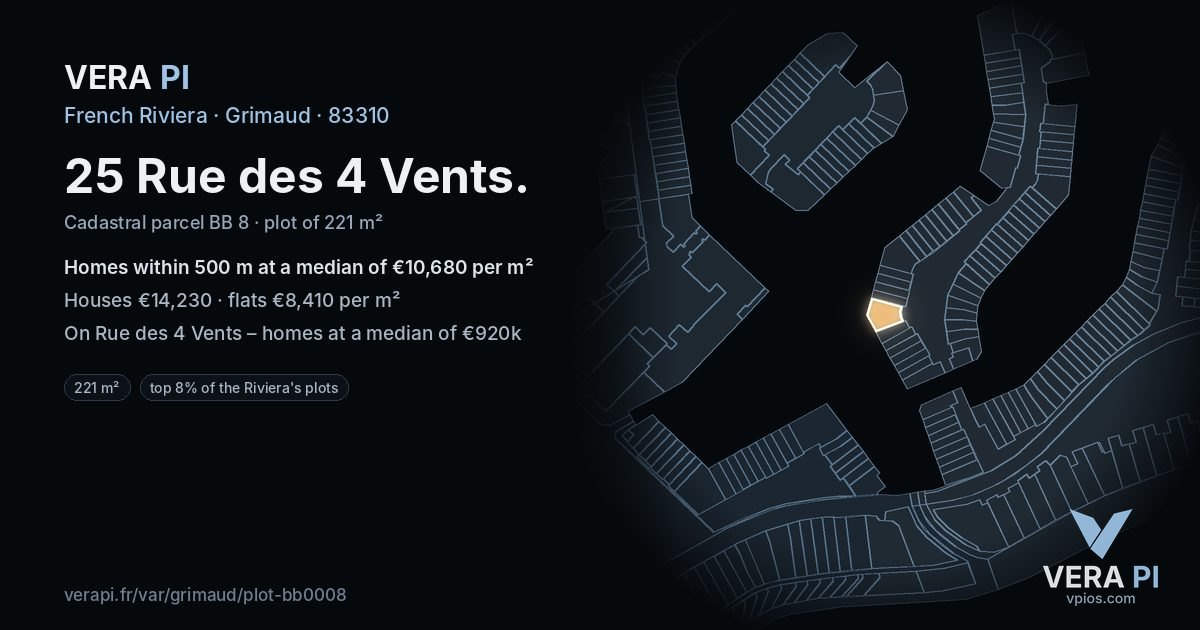 25 Rue des 4 Vents, Grimaud at night – the plot lit, the parcels around coloured by the prices near them