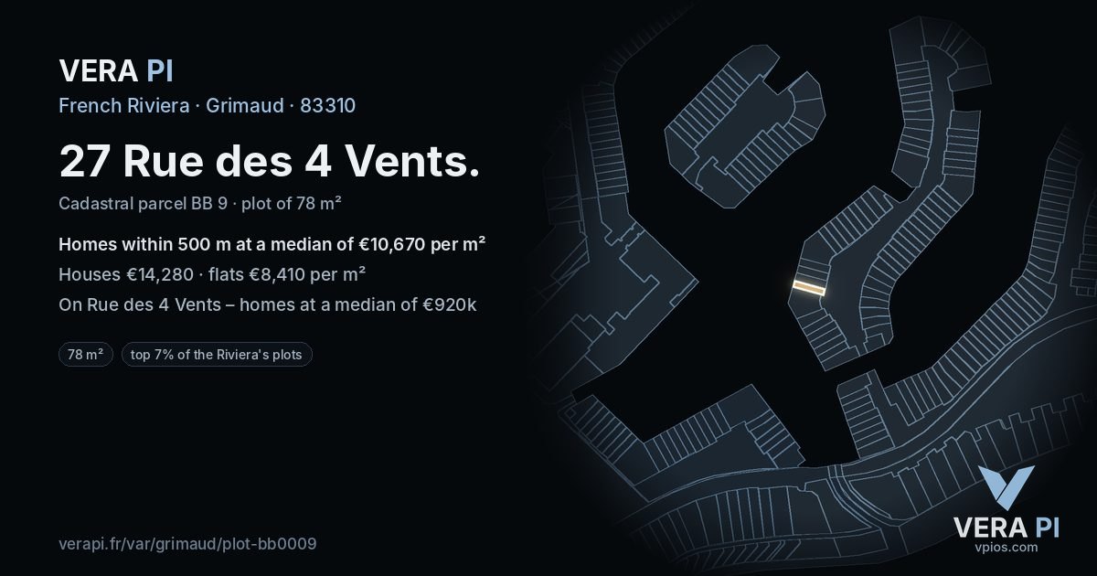 27 Rue des 4 Vents, Grimaud at night – the plot lit, the parcels around coloured by the prices near them