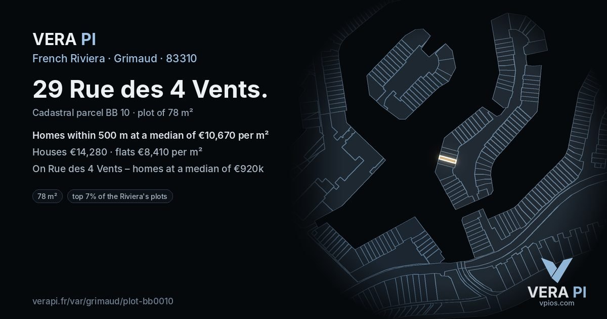 29 Rue des 4 Vents, Grimaud at night – the plot lit, the parcels around coloured by the prices near them
