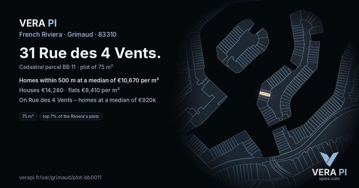 31 Rue des 4 Vents, Grimaud at night – the plot lit, the parcels around coloured by the prices near them
