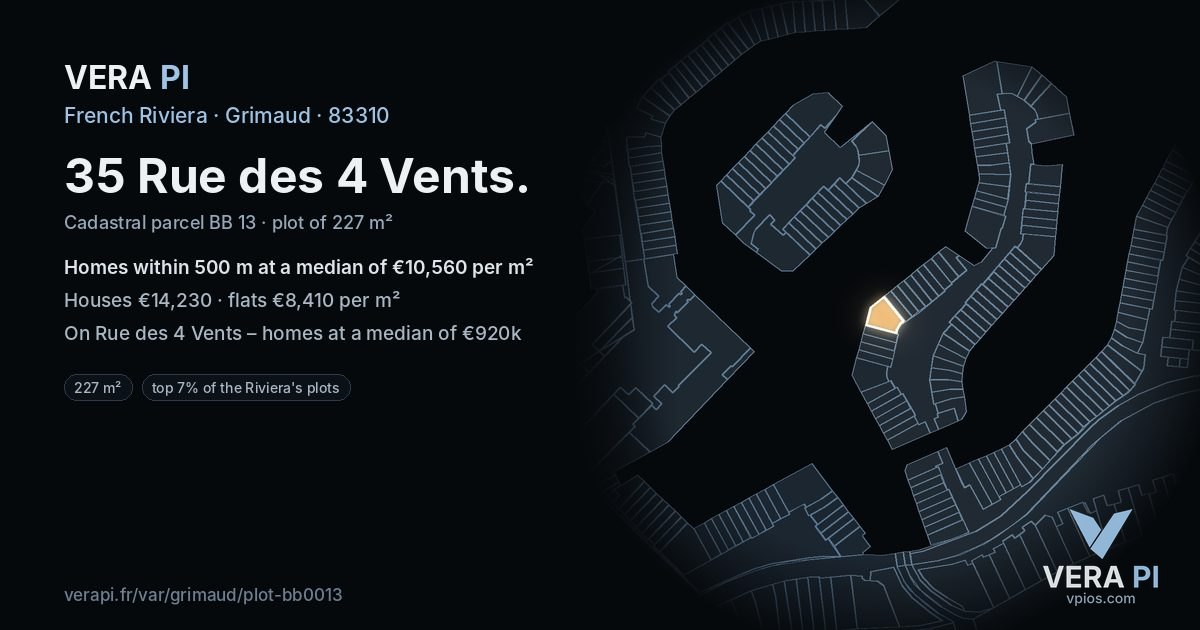 35 Rue des 4 Vents, Grimaud at night – the plot lit, the parcels around coloured by the prices near them