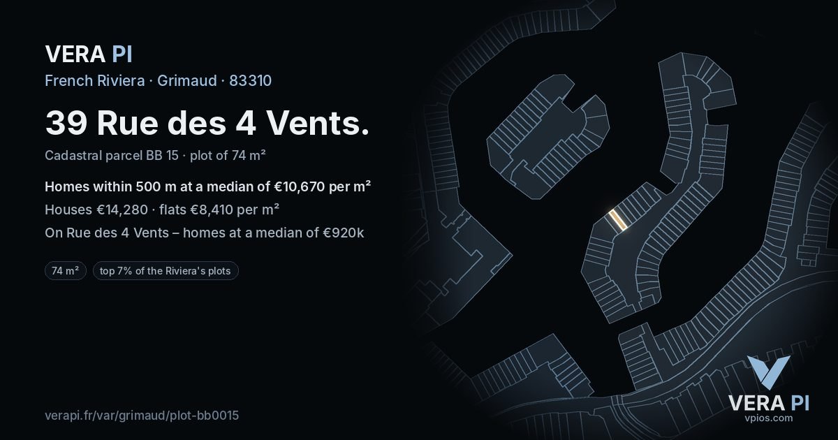 39 Rue des 4 Vents, Grimaud at night – the plot lit, the parcels around coloured by the prices near them