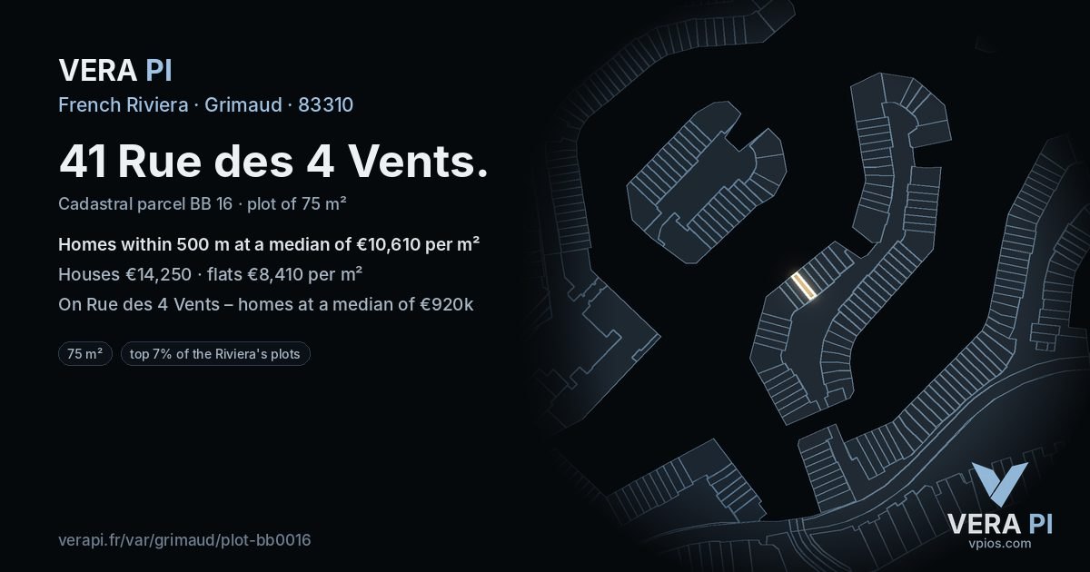 41 Rue des 4 Vents, Grimaud at night – the plot lit, the parcels around coloured by the prices near them
