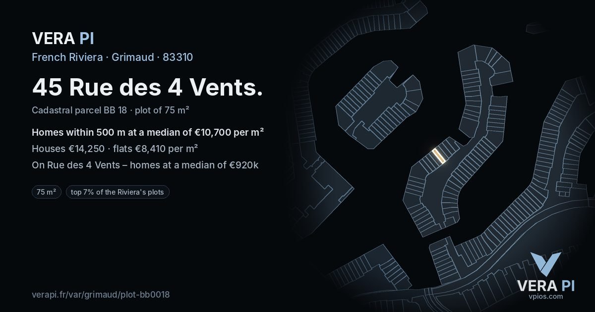 45 Rue des 4 Vents, Grimaud at night – the plot lit, the parcels around coloured by the prices near them