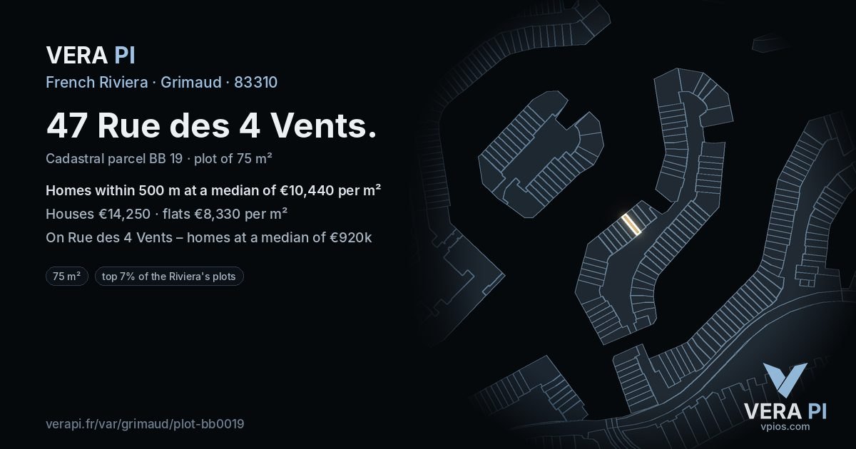 47 Rue des 4 Vents, Grimaud at night – the plot lit, the parcels around coloured by the prices near them