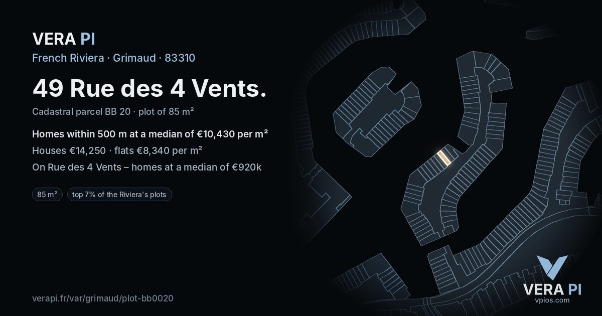 49 Rue des 4 Vents, Grimaud at night – the plot lit, the parcels around coloured by the prices near them