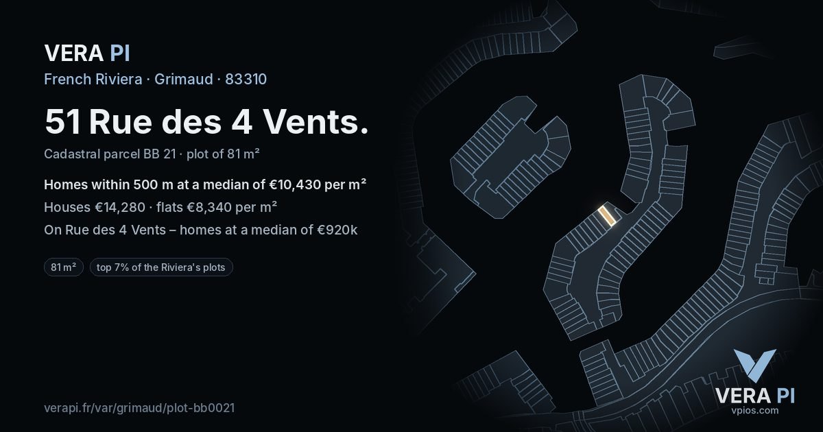 51 Rue des 4 Vents, Grimaud at night – the plot lit, the parcels around coloured by the prices near them