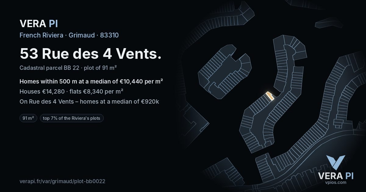53 Rue des 4 Vents, Grimaud at night – the plot lit, the parcels around coloured by the prices near them