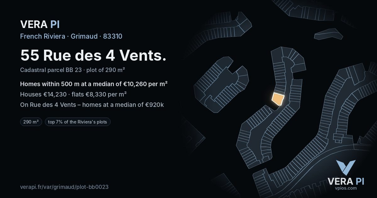 55 Rue des 4 Vents, Grimaud at night – the plot lit, the parcels around coloured by the prices near them