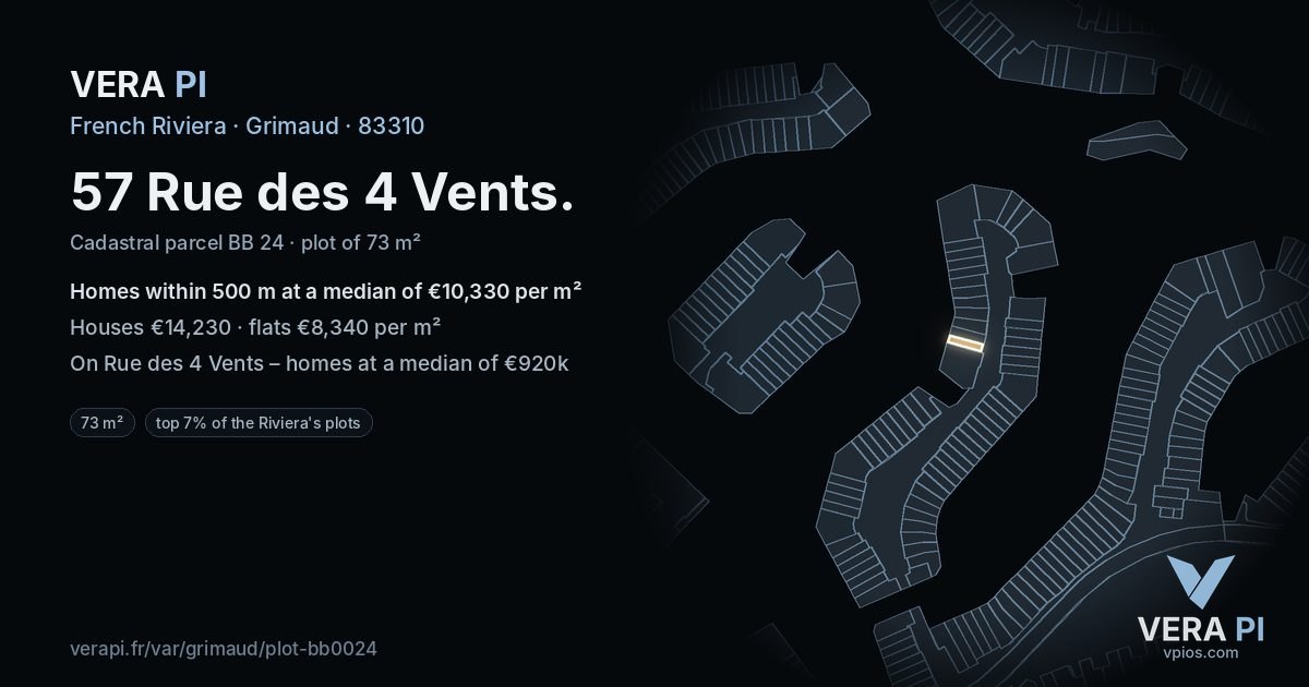 57 Rue des 4 Vents, Grimaud at night – the plot lit, the parcels around coloured by the prices near them