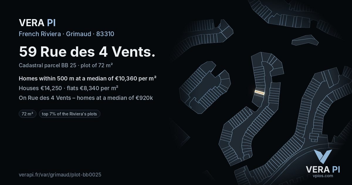 59 Rue des 4 Vents, Grimaud at night – the plot lit, the parcels around coloured by the prices near them