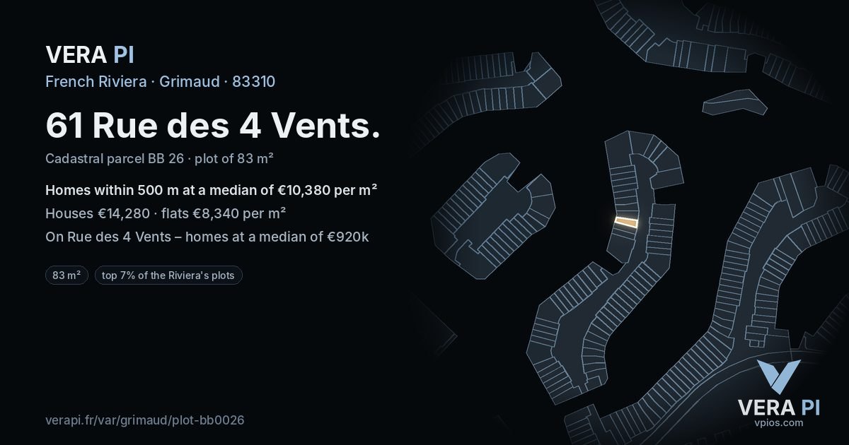 61 Rue des 4 Vents, Grimaud at night – the plot lit, the parcels around coloured by the prices near them