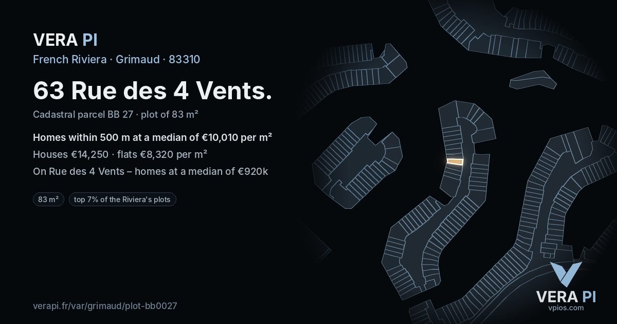 63 Rue des 4 Vents, Grimaud at night – the plot lit, the parcels around coloured by the prices near them