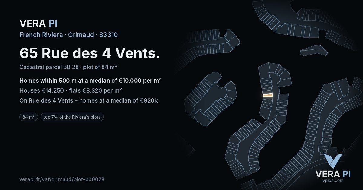 65 Rue des 4 Vents, Grimaud at night – the plot lit, the parcels around coloured by the prices near them