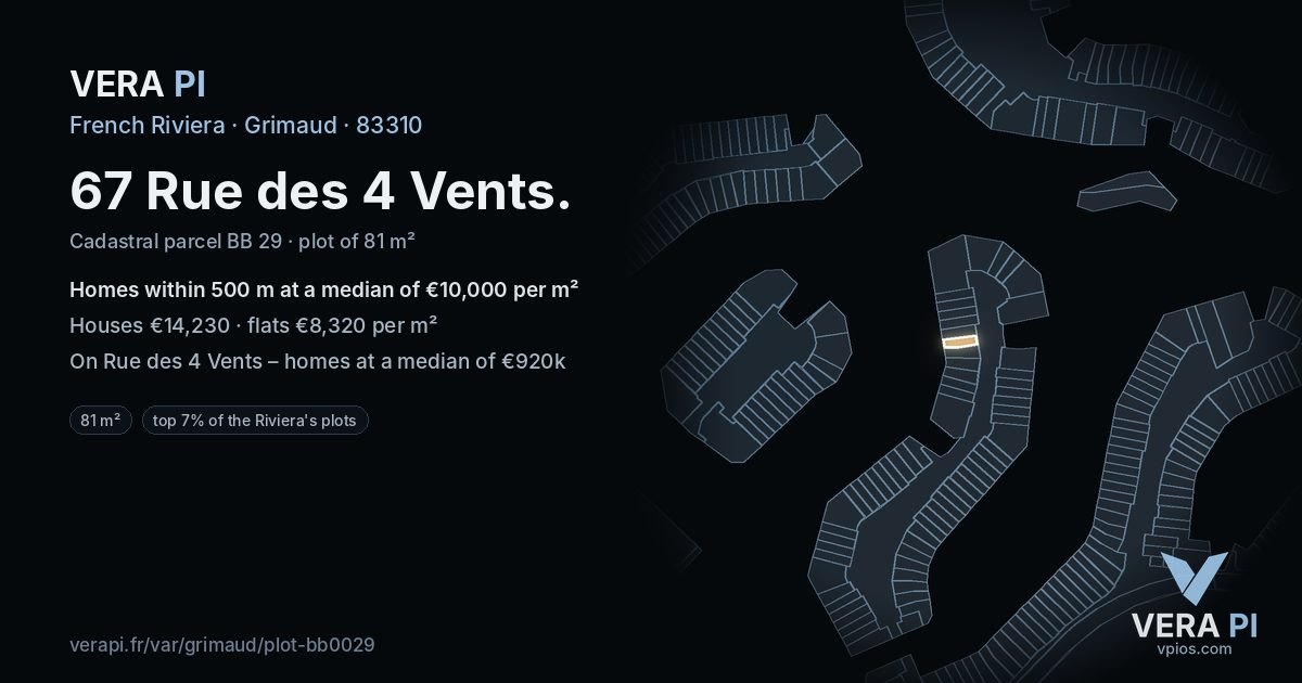 67 Rue des 4 Vents, Grimaud at night – the plot lit, the parcels around coloured by the prices near them