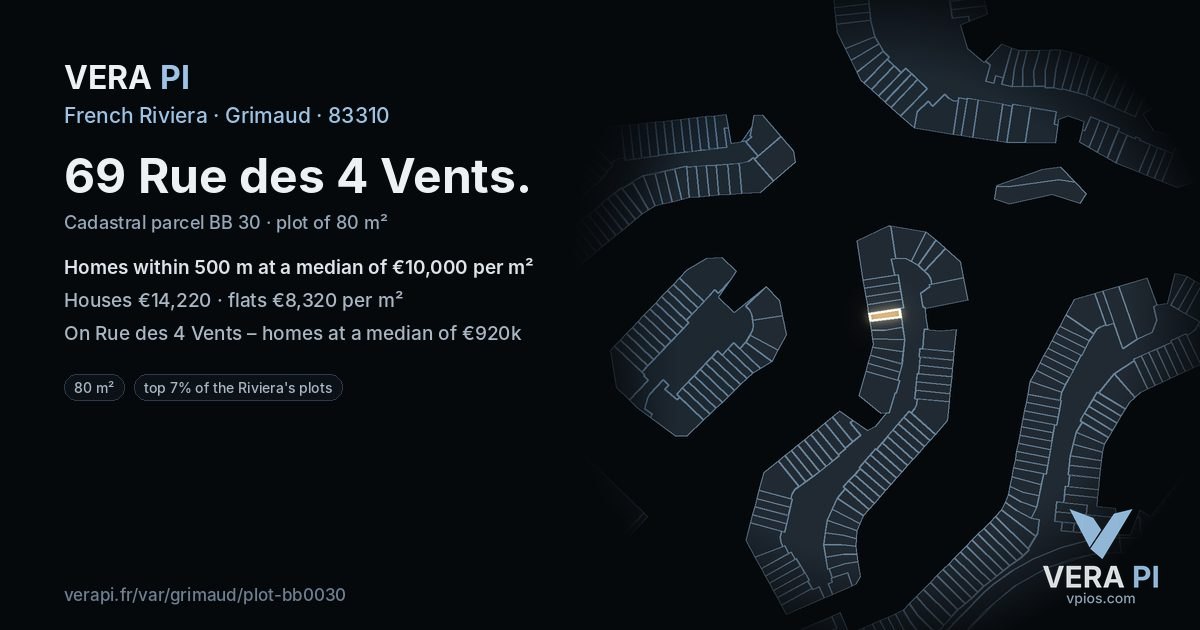 69 Rue des 4 Vents, Grimaud at night – the plot lit, the parcels around coloured by the prices near them