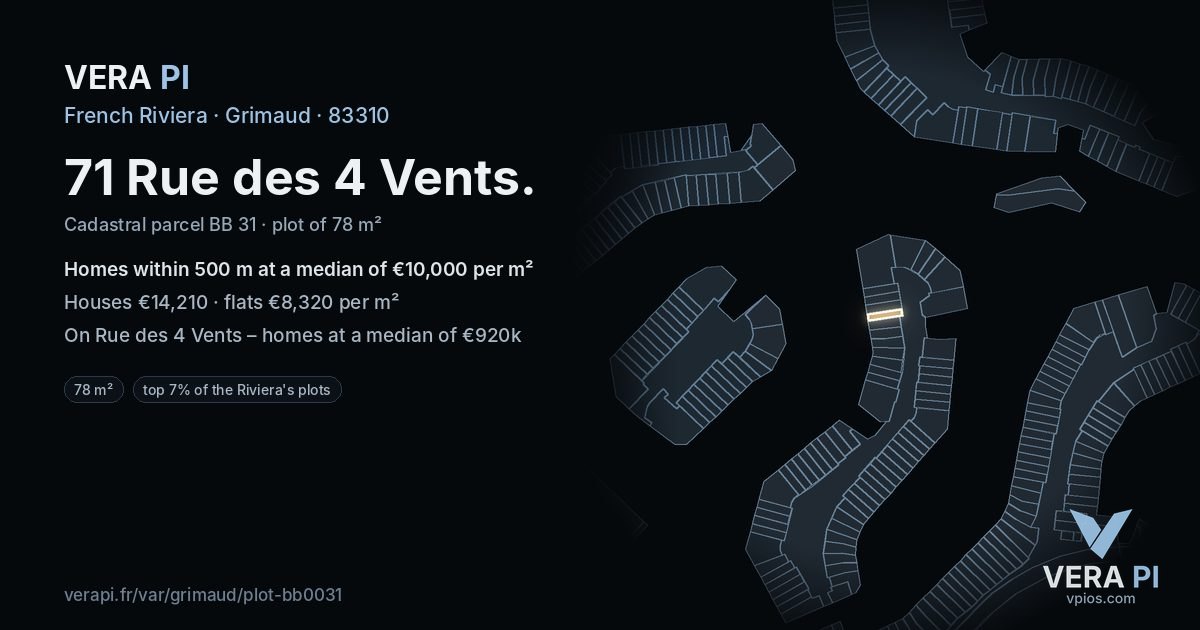 71 Rue des 4 Vents, Grimaud at night – the plot lit, the parcels around coloured by the prices near them