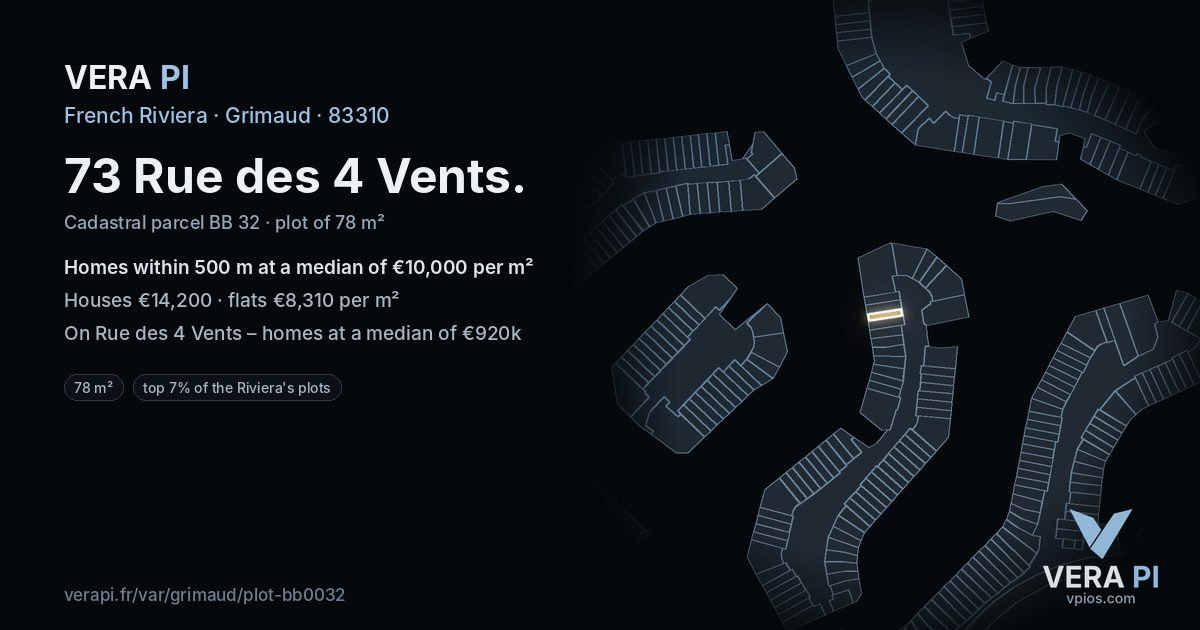 73 Rue des 4 Vents, Grimaud at night – the plot lit, the parcels around coloured by the prices near them