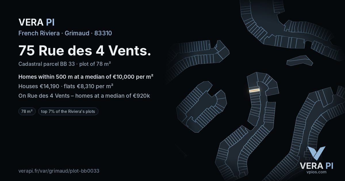 75 Rue des 4 Vents, Grimaud at night – the plot lit, the parcels around coloured by the prices near them