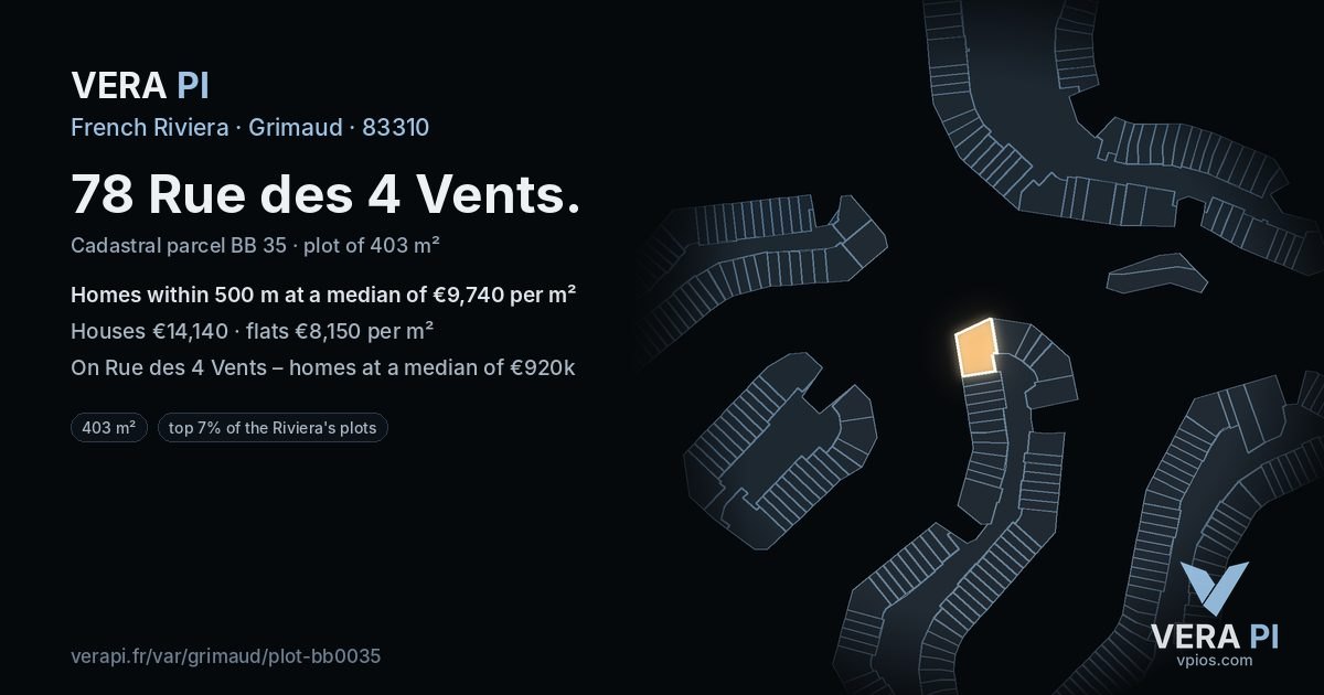 78 Rue des 4 Vents, Grimaud at night – the plot lit, the parcels around coloured by the prices near them