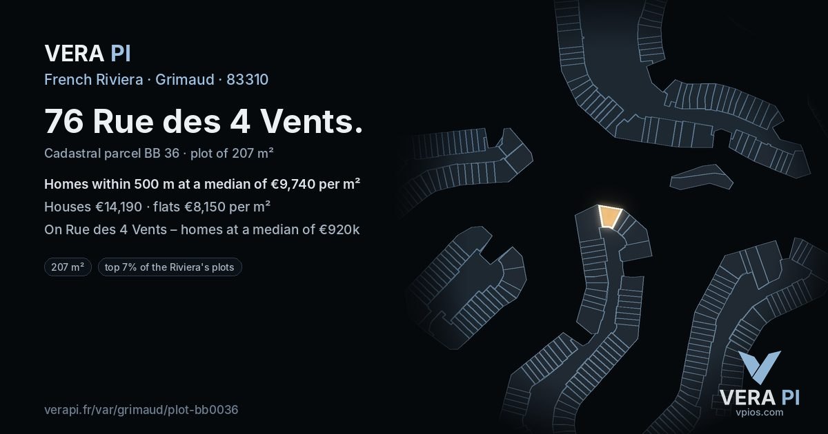 76 Rue des 4 Vents, Grimaud at night – the plot lit, the parcels around coloured by the prices near them