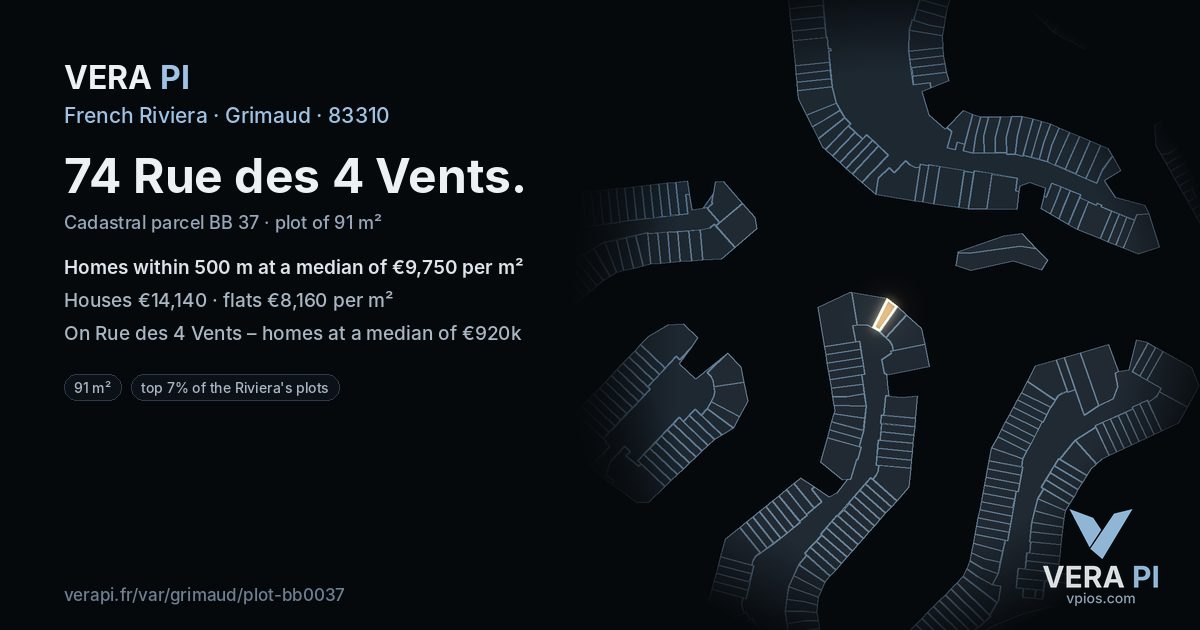 74 Rue des 4 Vents, Grimaud at night – the plot lit, the parcels around coloured by the prices near them