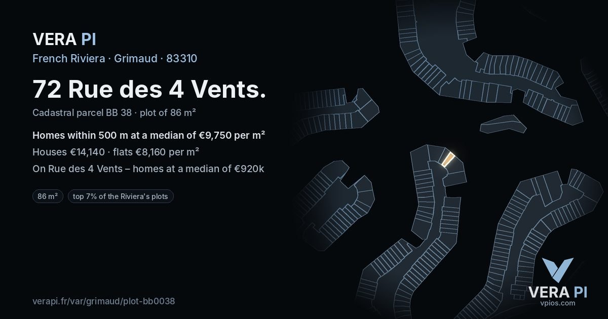 72 Rue des 4 Vents, Grimaud at night – the plot lit, the parcels around coloured by the prices near them
