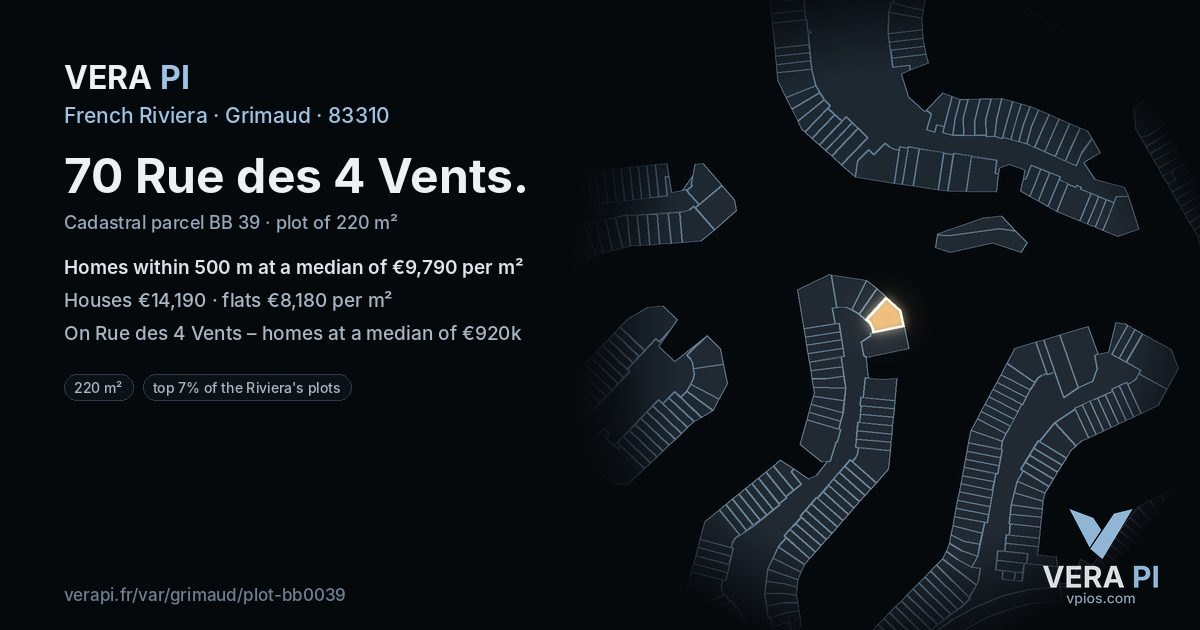 70 Rue des 4 Vents, Grimaud at night – the plot lit, the parcels around coloured by the prices near them