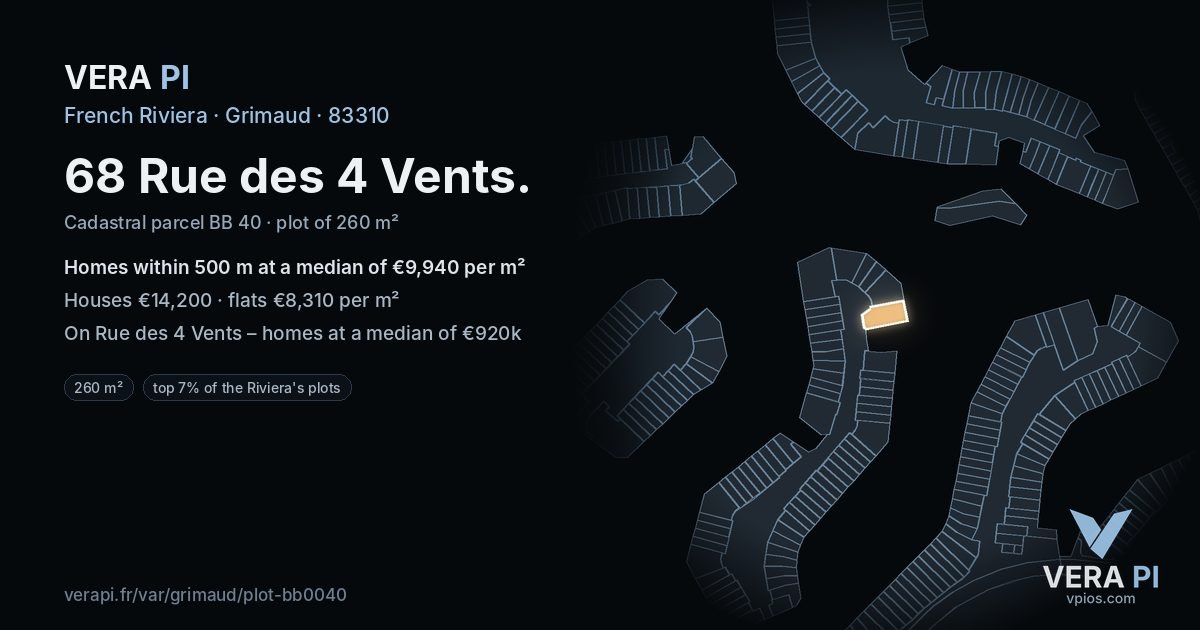 68 Rue des 4 Vents, Grimaud at night – the plot lit, the parcels around coloured by the prices near them
