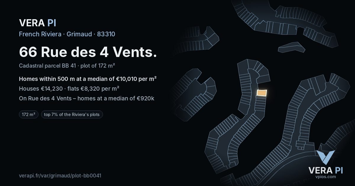 66 Rue des 4 Vents, Grimaud at night – the plot lit, the parcels around coloured by the prices near them