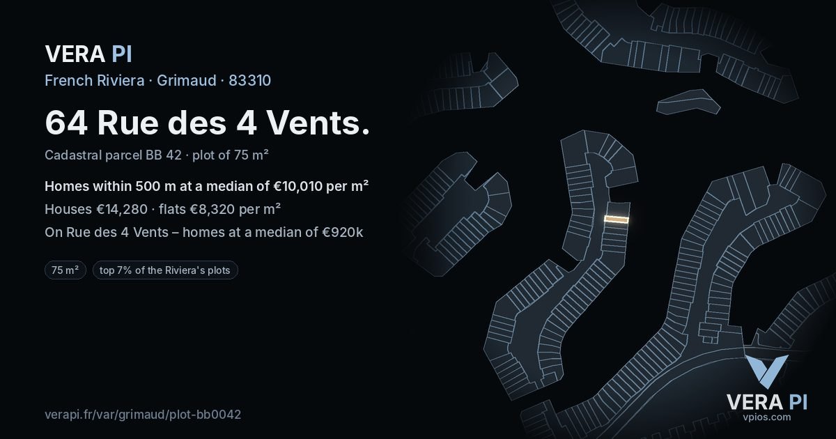 64 Rue des 4 Vents, Grimaud at night – the plot lit, the parcels around coloured by the prices near them