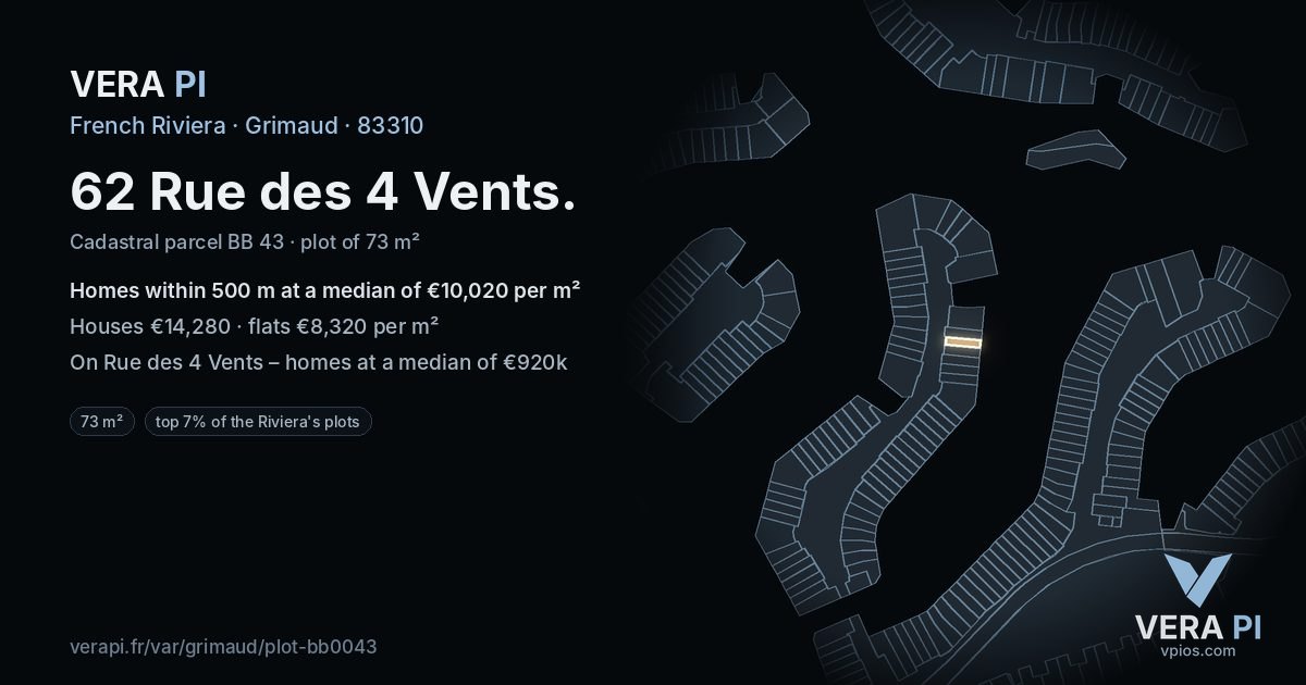 62 Rue des 4 Vents, Grimaud at night – the plot lit, the parcels around coloured by the prices near them