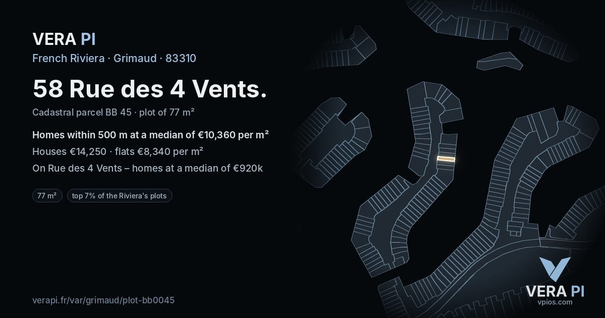 58 Rue des 4 Vents, Grimaud at night – the plot lit, the parcels around coloured by the prices near them