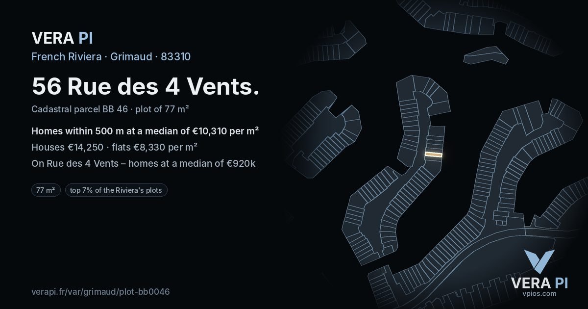 56 Rue des 4 Vents, Grimaud at night – the plot lit, the parcels around coloured by the prices near them