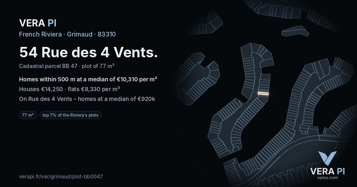 54 Rue des 4 Vents, Grimaud at night – the plot lit, the parcels around coloured by the prices near them