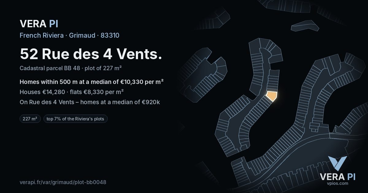 52 Rue des 4 Vents, Grimaud at night – the plot lit, the parcels around coloured by the prices near them