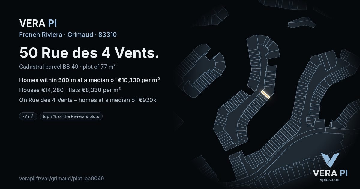 50 Rue des 4 Vents, Grimaud at night – the plot lit, the parcels around coloured by the prices near them
