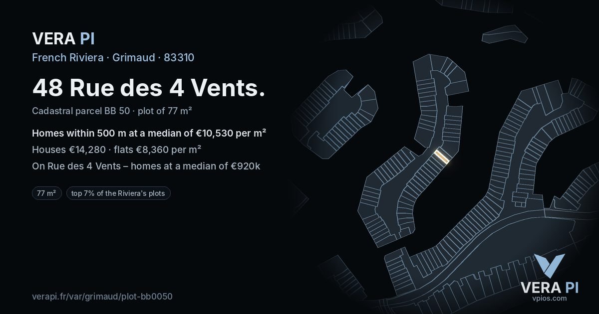 48 Rue des 4 Vents, Grimaud at night – the plot lit, the parcels around coloured by the prices near them