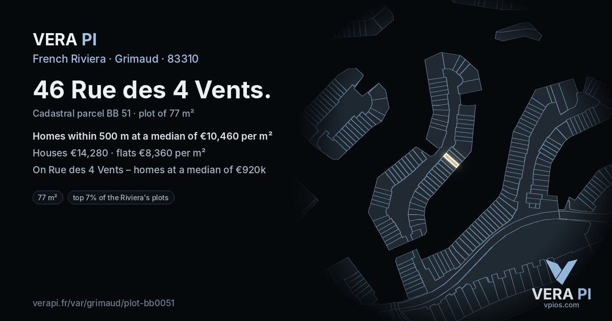 46 Rue des 4 Vents, Grimaud at night – the plot lit, the parcels around coloured by the prices near them