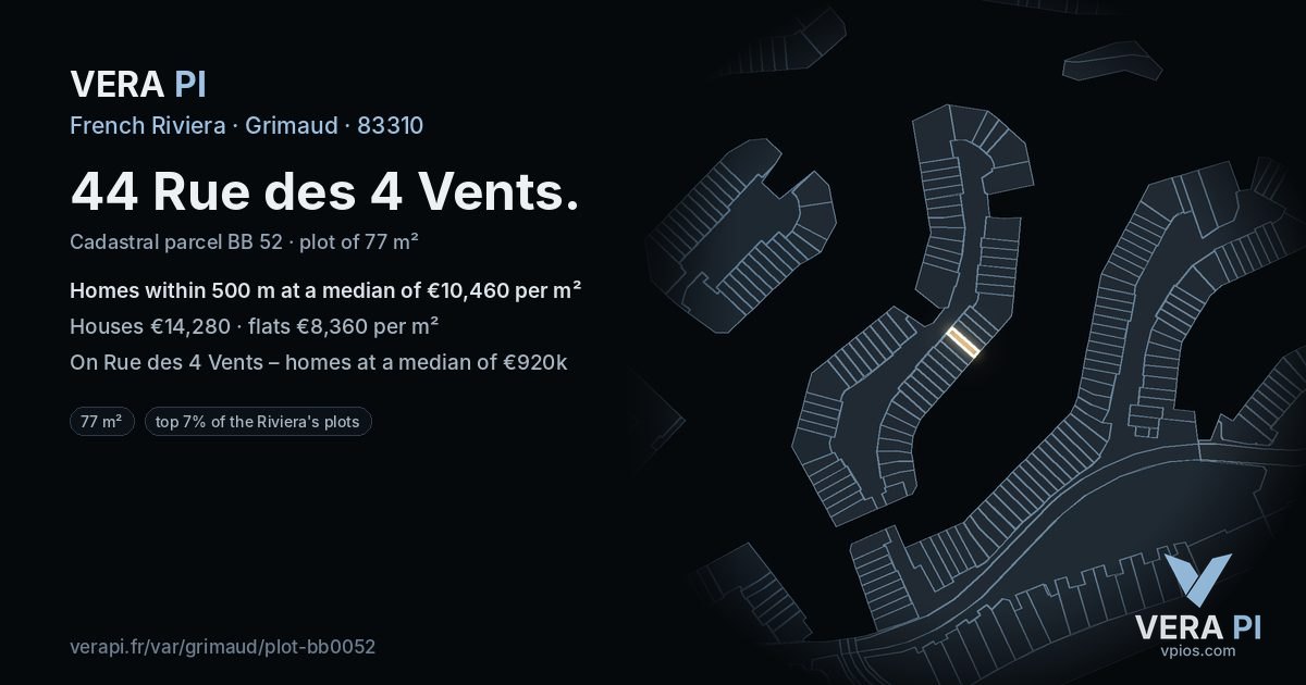 44 Rue des 4 Vents, Grimaud at night – the plot lit, the parcels around coloured by the prices near them