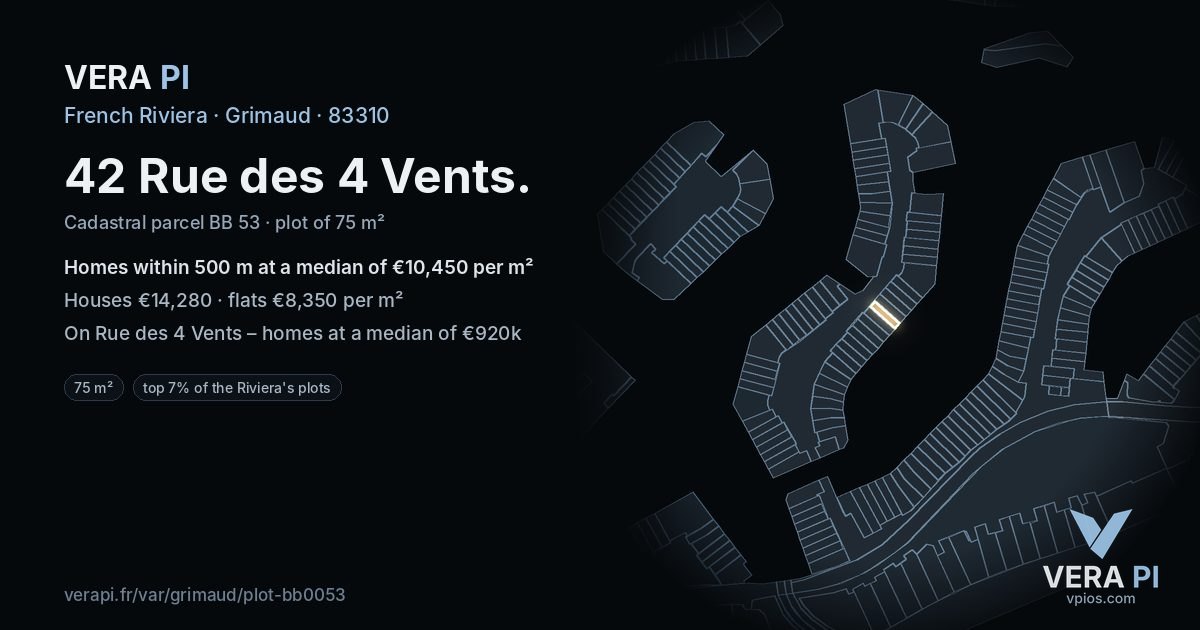 42 Rue des 4 Vents, Grimaud at night – the plot lit, the parcels around coloured by the prices near them