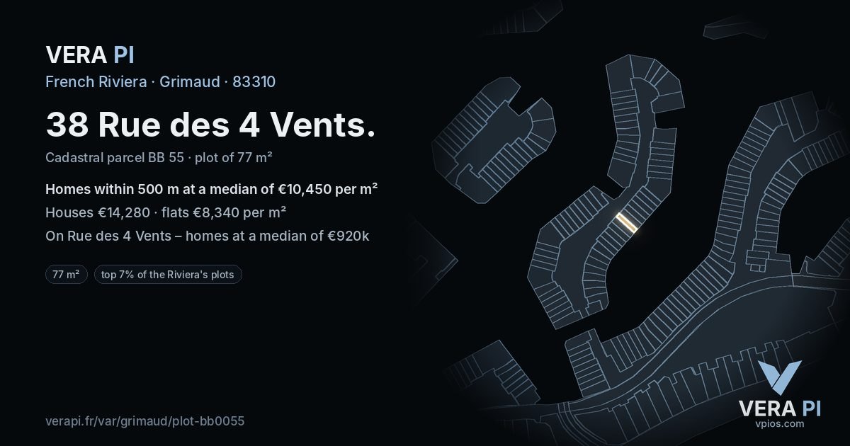 38 Rue des 4 Vents, Grimaud at night – the plot lit, the parcels around coloured by the prices near them