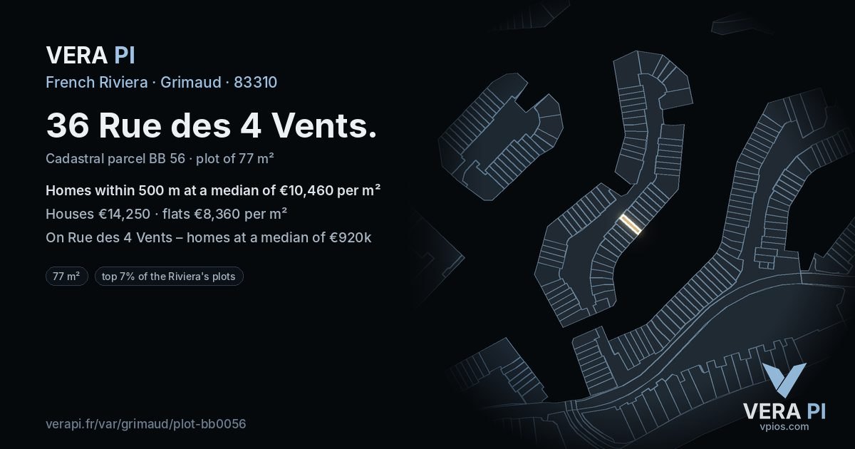 36 Rue des 4 Vents, Grimaud at night – the plot lit, the parcels around coloured by the prices near them