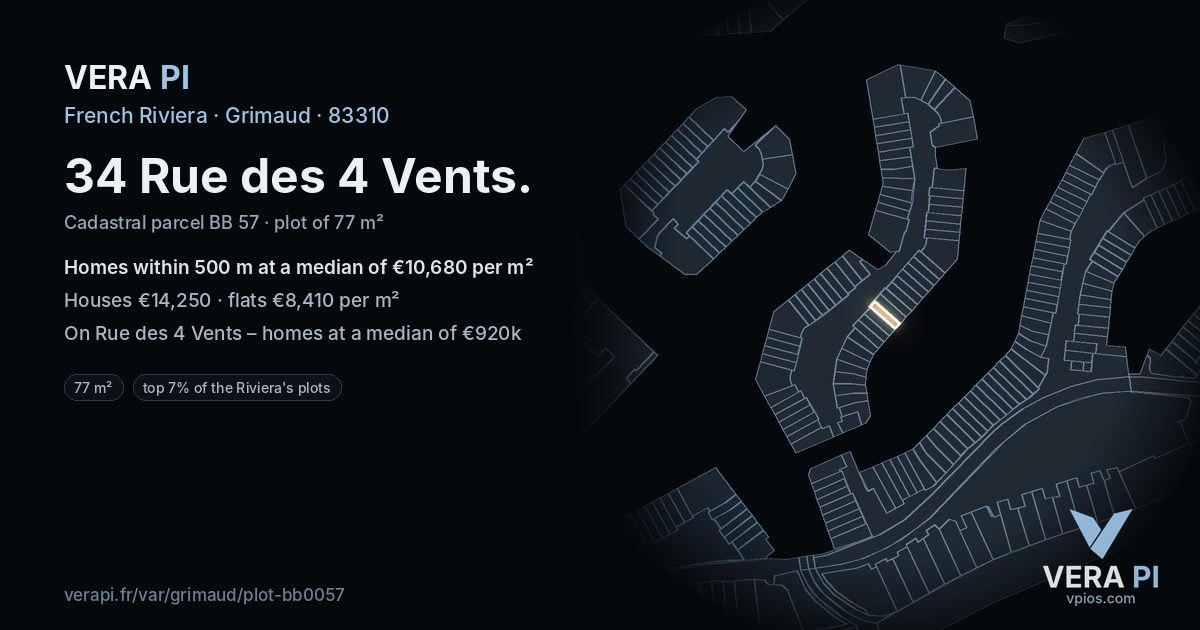 34 Rue des 4 Vents, Grimaud at night – the plot lit, the parcels around coloured by the prices near them