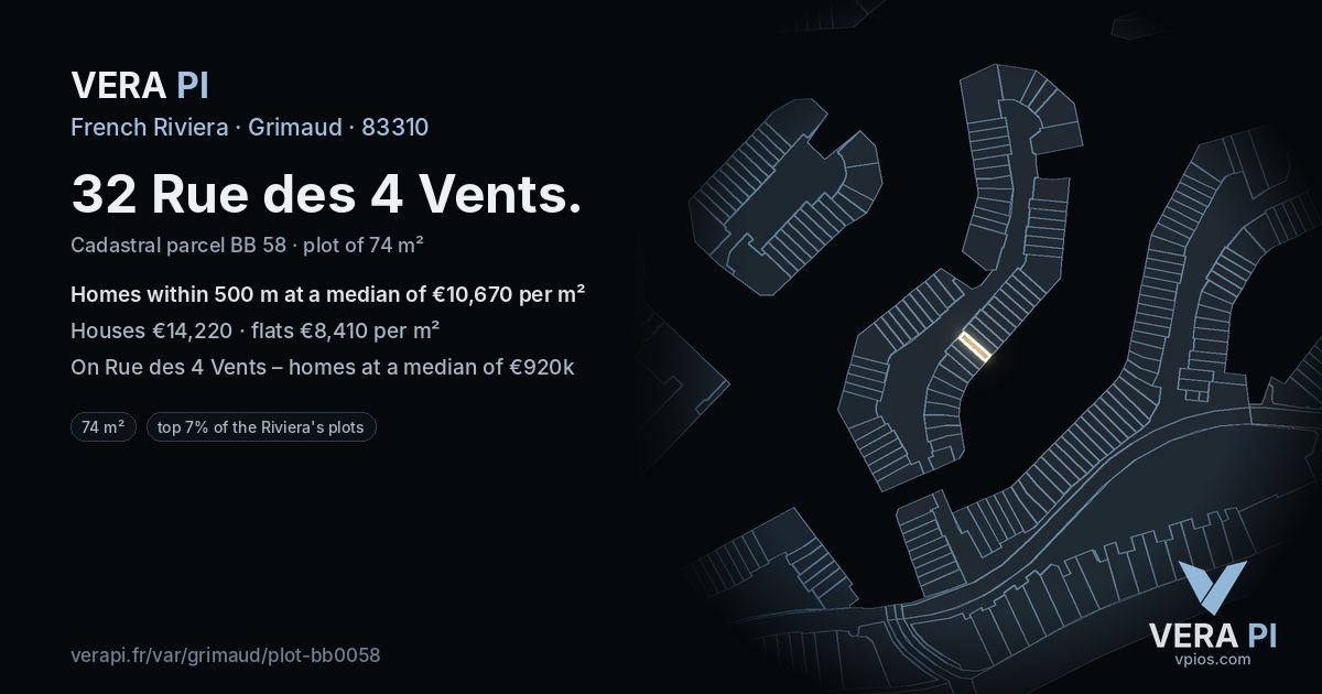 32 Rue des 4 Vents, Grimaud at night – the plot lit, the parcels around coloured by the prices near them
