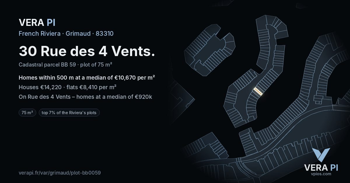 30 Rue des 4 Vents, Grimaud at night – the plot lit, the parcels around coloured by the prices near them
