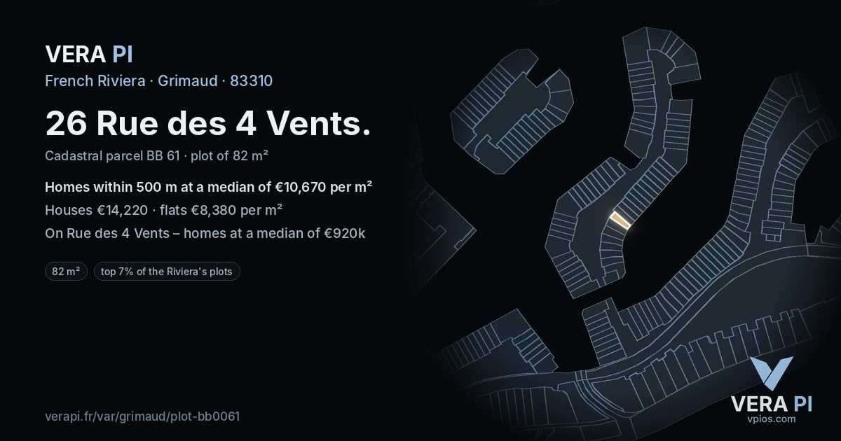 26 Rue des 4 Vents, Grimaud at night – the plot lit, the parcels around coloured by the prices near them