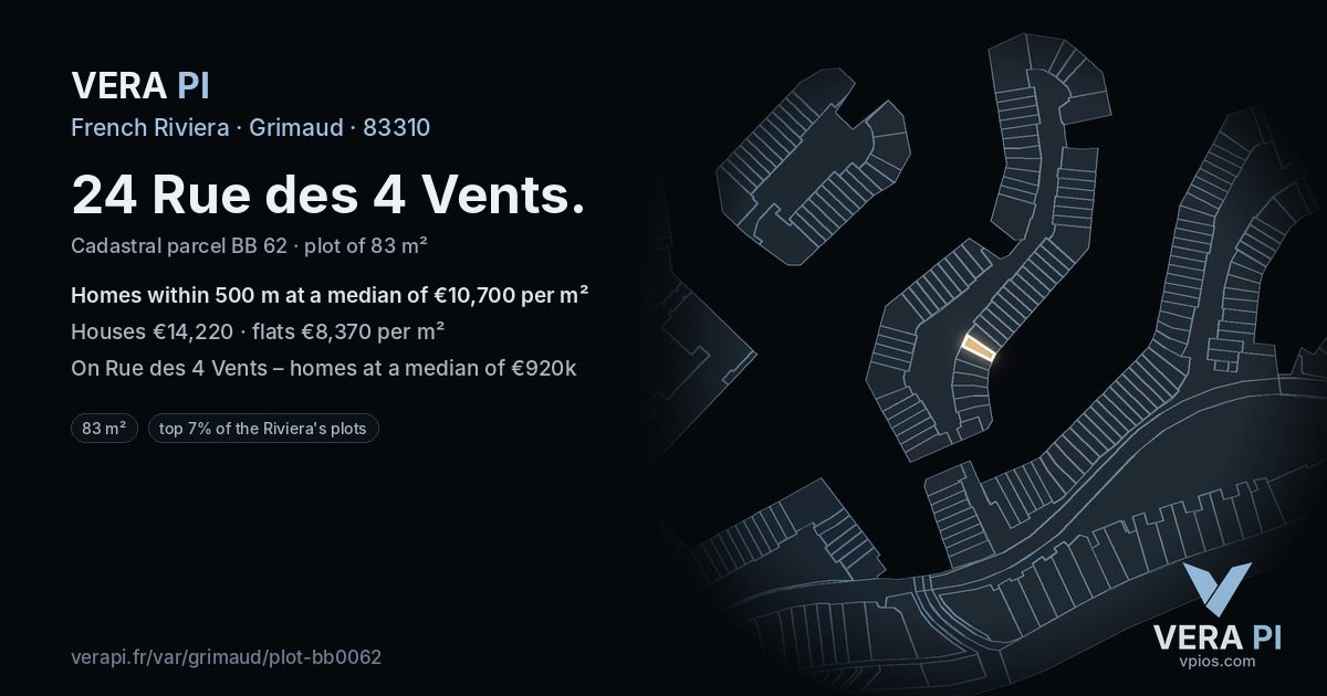 24 Rue des 4 Vents, Grimaud at night – the plot lit, the parcels around coloured by the prices near them