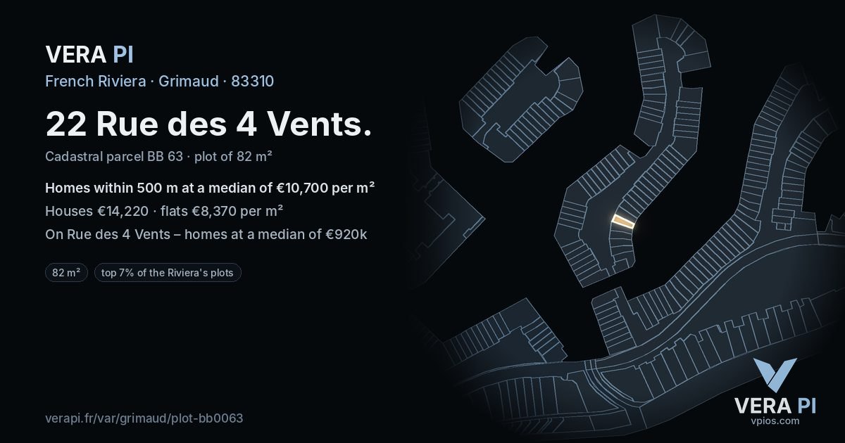 22 Rue des 4 Vents, Grimaud at night – the plot lit, the parcels around coloured by the prices near them